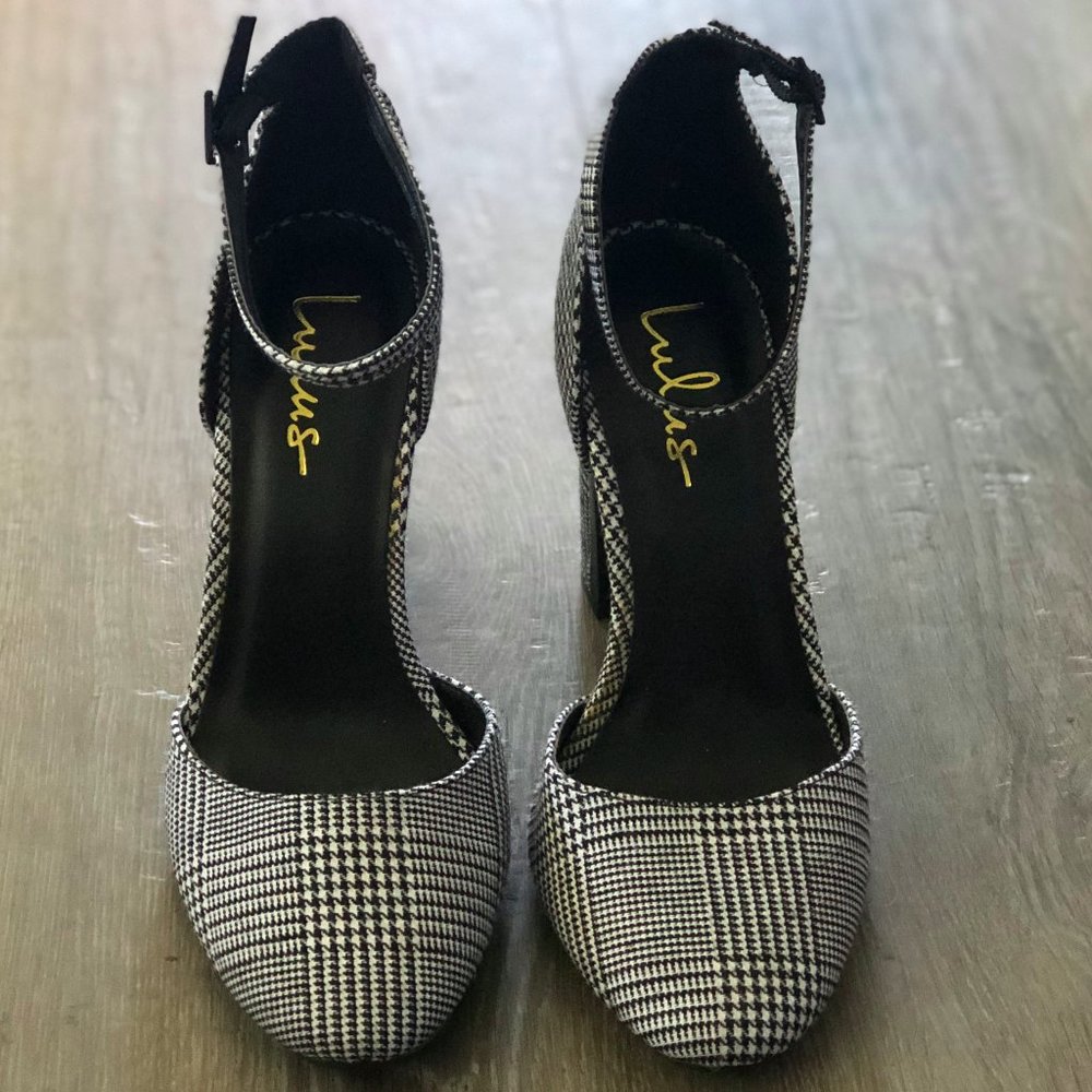 Lulu's Black & White Houndstooth Ankle-Strap Heels